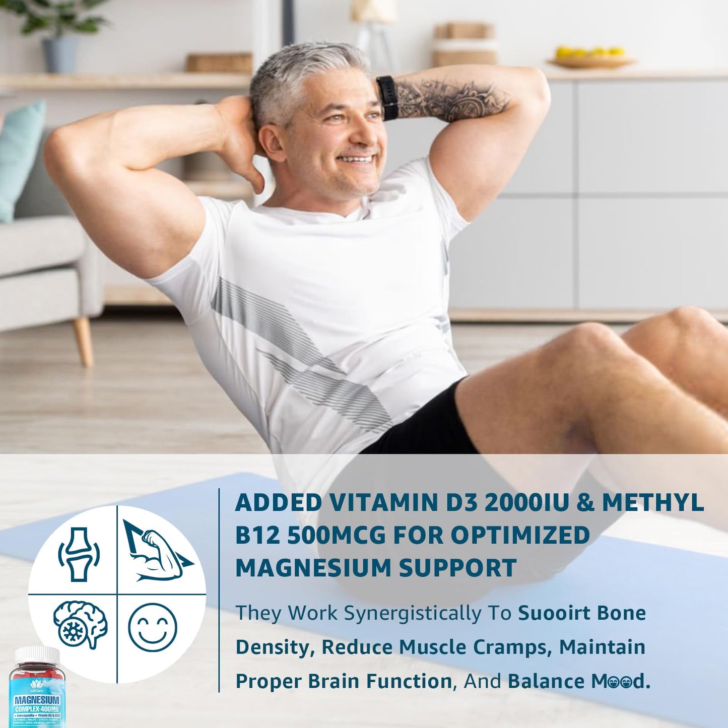 Magnesium Complex Gummies for Women Men 400mg, 8 Forms of Magnesium Glycinate, Citrate, Malate - Sugar Free Calm Magnesium Gummies Supplement with Magnesium Ashwagandha, D3, B12 for Relax,Vegan,120Cts
