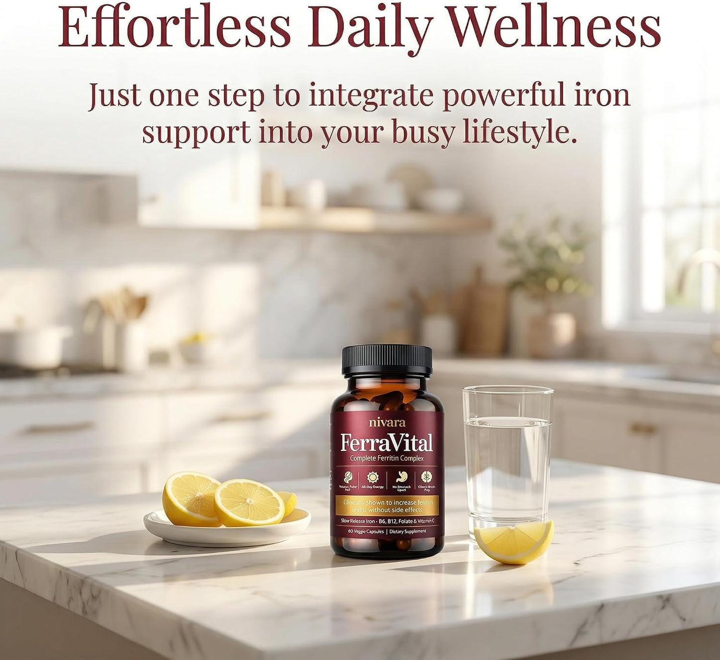 NIVARA FerraVital Ferritin Support for Women - Iron Supplement with Ferrous Glycinate, Vitamin C, B12, B6, Folate & Zinc, Supports Healthy Iron Levels & Daily Energy - 60 Capsules (1)