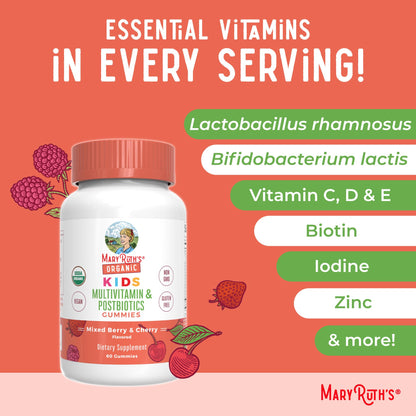 MARYRUTH'S Kids Vitamins USDA Organic | Multivitamin Gummies + Postbiotics for Ages 4+ | Multivitamin for Kids with Lactobacillus Rhamnosus | Children’s Vitamins | Vegan | Non-GMO | 60 Count