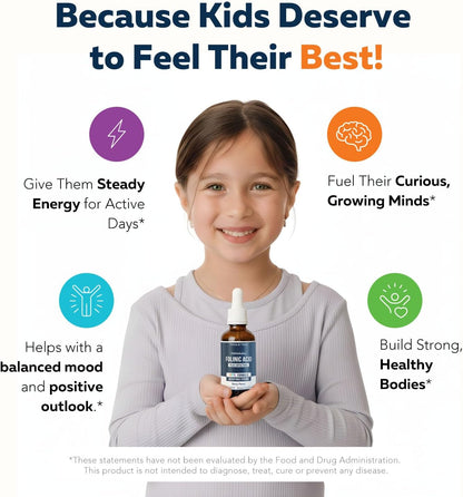 Organic FolinicActive Kids - Folinic Acid + B12, B6 & B2 Cofactors - Gentle Methylation Support for Mood, Energy & Cognition, Age Adjustable Dosing for Kids 1-18, Non GMO, Vegan, Berry Flavor (60mL)
