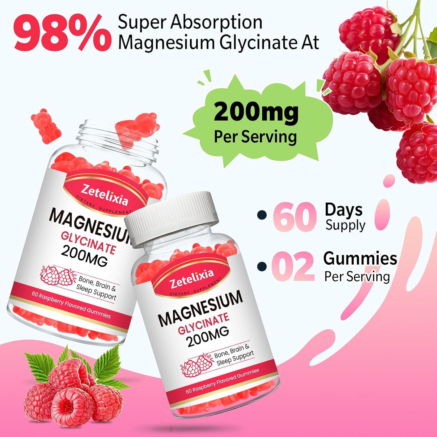Gomitas de glicinato de magnesio de 200 MG, suplementos de glicinato de magnesio de alta absorción para relajación, sabor a frambuesa, paquete de 2, 120 unidades