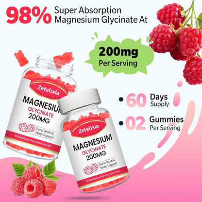 Gomitas de glicinato de magnesio de 200 MG, suplementos de glicinato de magnesio de alta absorción para relajación, sabor a frambuesa, paquete de 2, 120 unidades