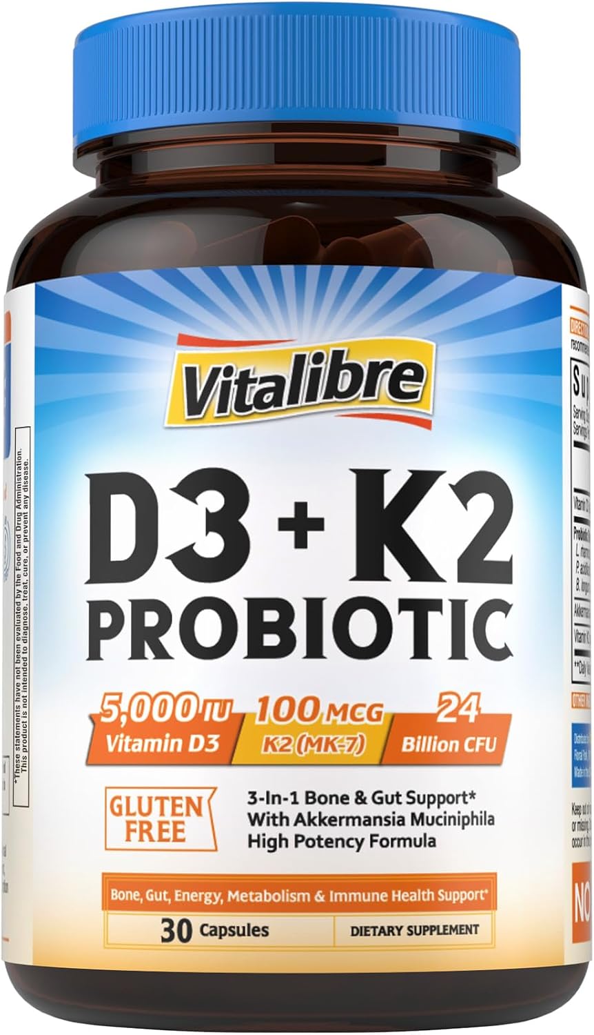 Vitalibre D3 K2 Probiotic Supplement, Vitamin D3 5000 IU & K2 100 mcg, with Probiotics for Women & Men, Akkermansia Muciniphila, Bone, Gut & Immune Support, Non-GMO, Easy to Swallow, 30 Capsules