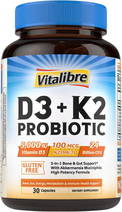 Vitalibre D3 K2 Probiotic Supplement, Vitamin D3 5000 IU & K2 100 mcg, with Probiotics for Women & Men, Akkermansia Muciniphila, Bone, Gut & Immune Support, Non-GMO, Easy to Swallow, 30 Capsules