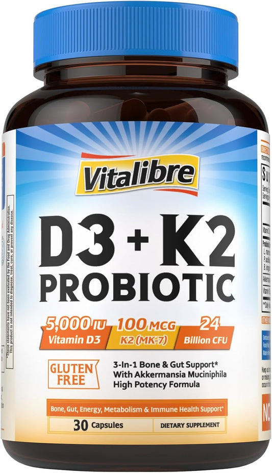 Vitalibre D3 K2 Probiotic Supplement, Vitamin D3 5000 IU & K2 100 mcg, with Probiotics for Women & Men, Akkermansia Muciniphila, Bone, Gut & Immune Support, Non-GMO, Easy to Swallow, 30 Capsules