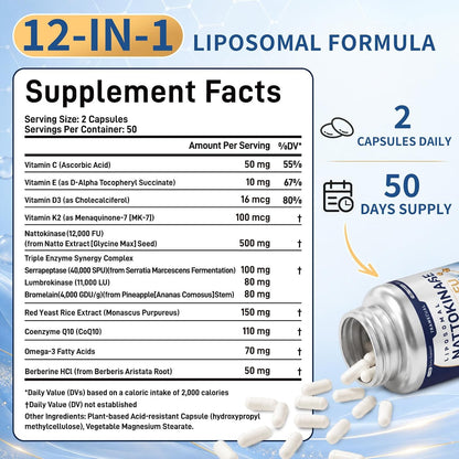 Liposomal 12-in-1 Nattokinase 12,000 FU, Multi Enzyme Complex, 200 Capsules | Serrapeptase, Lumbrokinase, Bromelain, CoQ10, Omega-3 & Red Yeast Rice, Cardiovascular, Circulatory & Heart Health Support