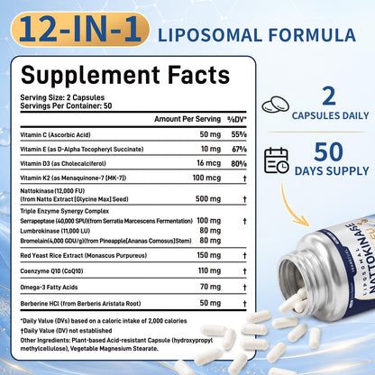 Liposomal 12-in-1 Nattokinase 12,000 FU, Multi Enzyme Complex, 200 Capsules | Serrapeptase, Lumbrokinase, Bromelain, CoQ10, Omega-3 & Red Yeast Rice, Cardiovascular, Circulatory & Heart Health Support