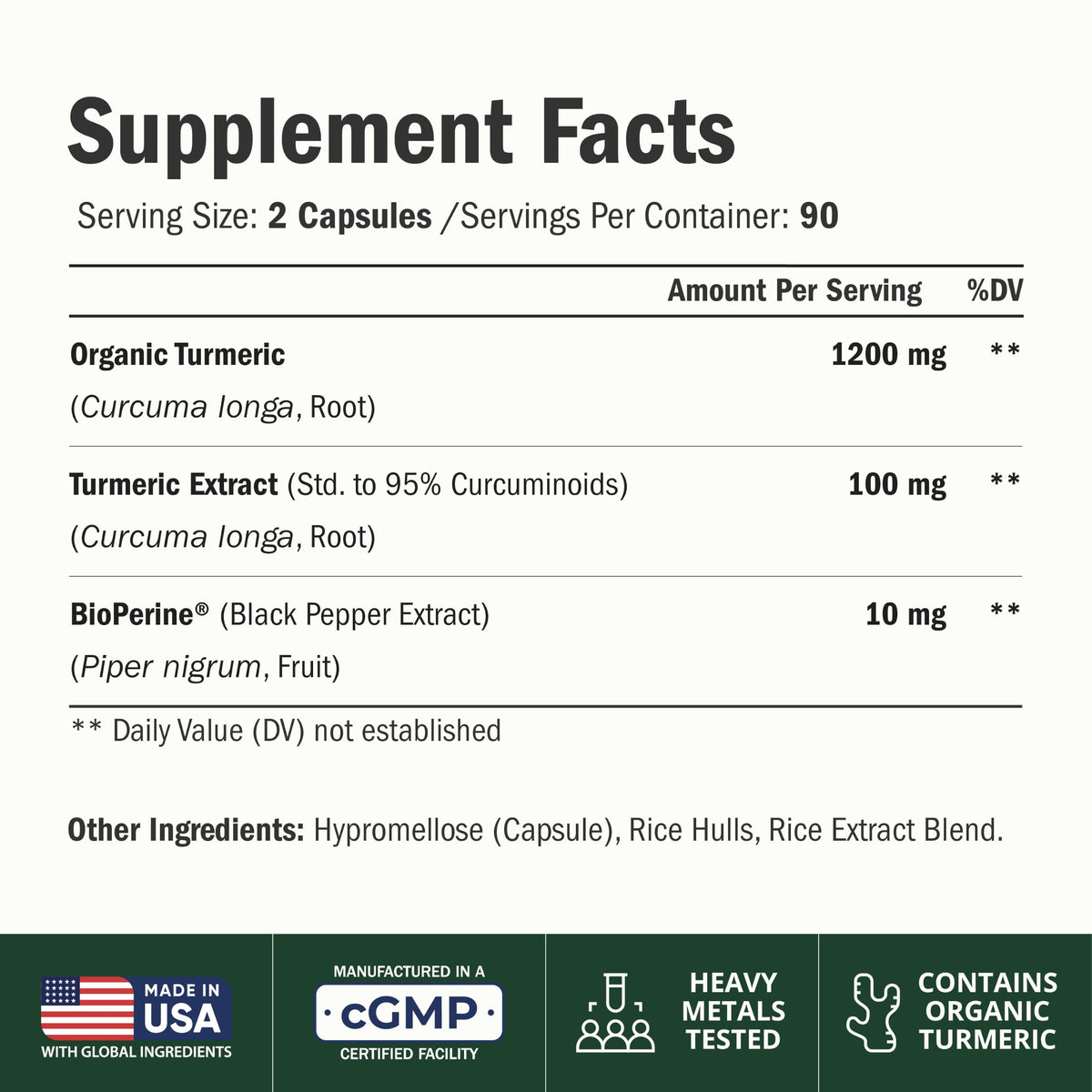 Turmeric Curcumin Supplement – 1200mg Organic Turmeric + BioPerine. 60 Caps