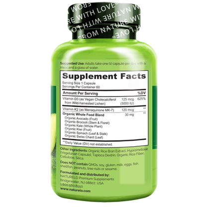 NATURELO Vitamin D3 K2 - Vegan with Plant Based D3 from Lichen - Natural Supplement for Immune System, Bone Support, Heart Health - Whole Food - Non-GMO - Gluten Free, 60 Capsules