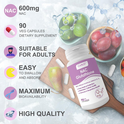 CANLIST NAC Supplement (N-Acetyl Cysteine) 600mg with Glutathione 400mg, Enhanced Absorption for Liver Health, Antioxidant Support & Detox, Non-GMO, Gluten Free, 90 Veggie Capsules
