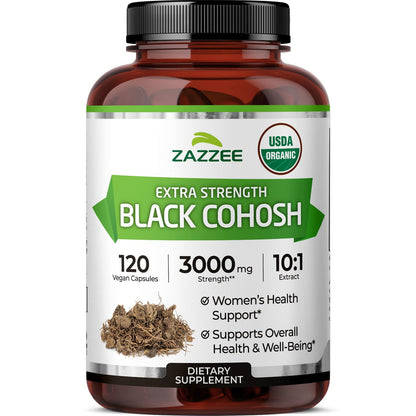Zazzee USDA Organic Black Cohosh 10:1 Extract, 120 Vegan Capsules, 4 Month Supply, Actaea Racemosa, Women’s Health & Hormonal Balance Support, All-Natural, Non-GMO, Made in the USA