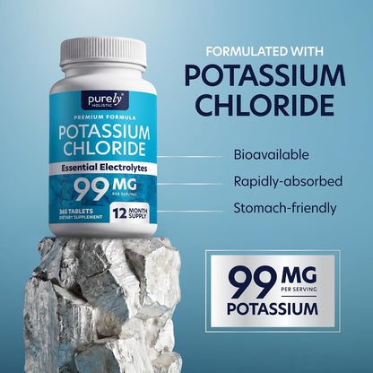 Potassium Chloride Supplement, 1 Year Supply, Heart Health & Fluid Support | With Potassium 99mg Per Serving for Circulatory Health Electrolyte & Fluid Balance Support, Gentle on Digestion, 365 Tablets