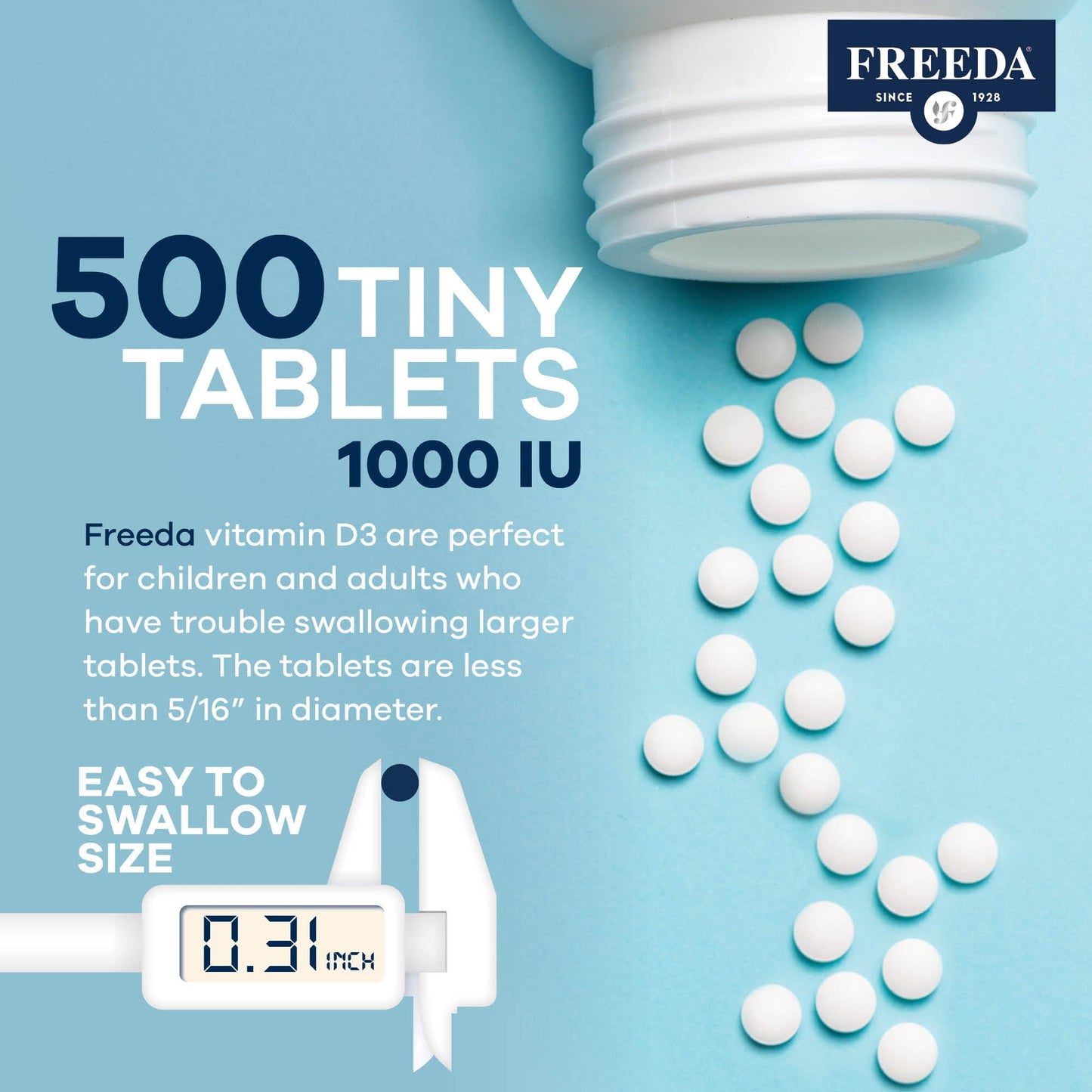 FREEDA Vitamin D3-1000 IU - Pure High Potency Kosher Supplement Tablets - Bone and Muscle Health, Calcium Absorption, Immune Support for Men and Women* - 100 Count | Supports Bone, Muscle & Immune Health – Helps Calcium Absorption – Easy-to-Swallow Tiny T