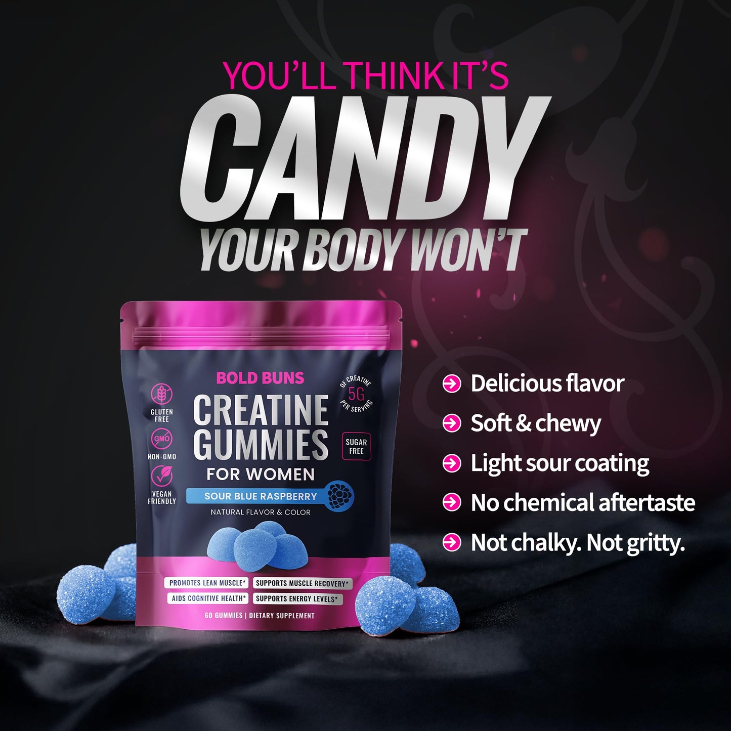 Bold Buns Creatine for Women – Supplement with Collagen & BCAA – Supports Muscle Development, Post-Workout Recovery, Skin Elasticity, Healthy Hair & Nail (30 Servings, Unflavored)