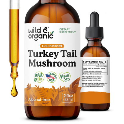 Wild & Organic Turkey Tail Mushroom Tincture - Immune Support Drops with Turkey Tail Extract - Liquid Mushroom Supplement for Gut Support - Vegan, Sugar & Alcohol-Free - 4 fl oz