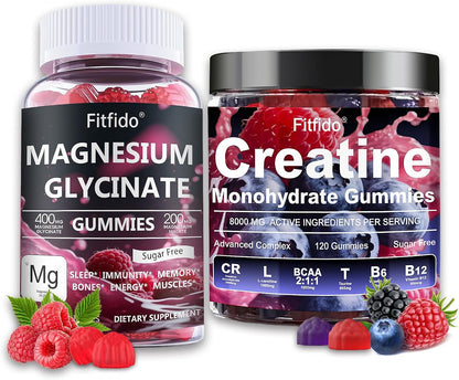 Creatine Monohydrate Gummies 5000mg + Magnesium Glycinate 400mg – Support for Muscles, Strength & Wellbeing – Vegan, Sugar Free, 2-Pack Supplement Bundle