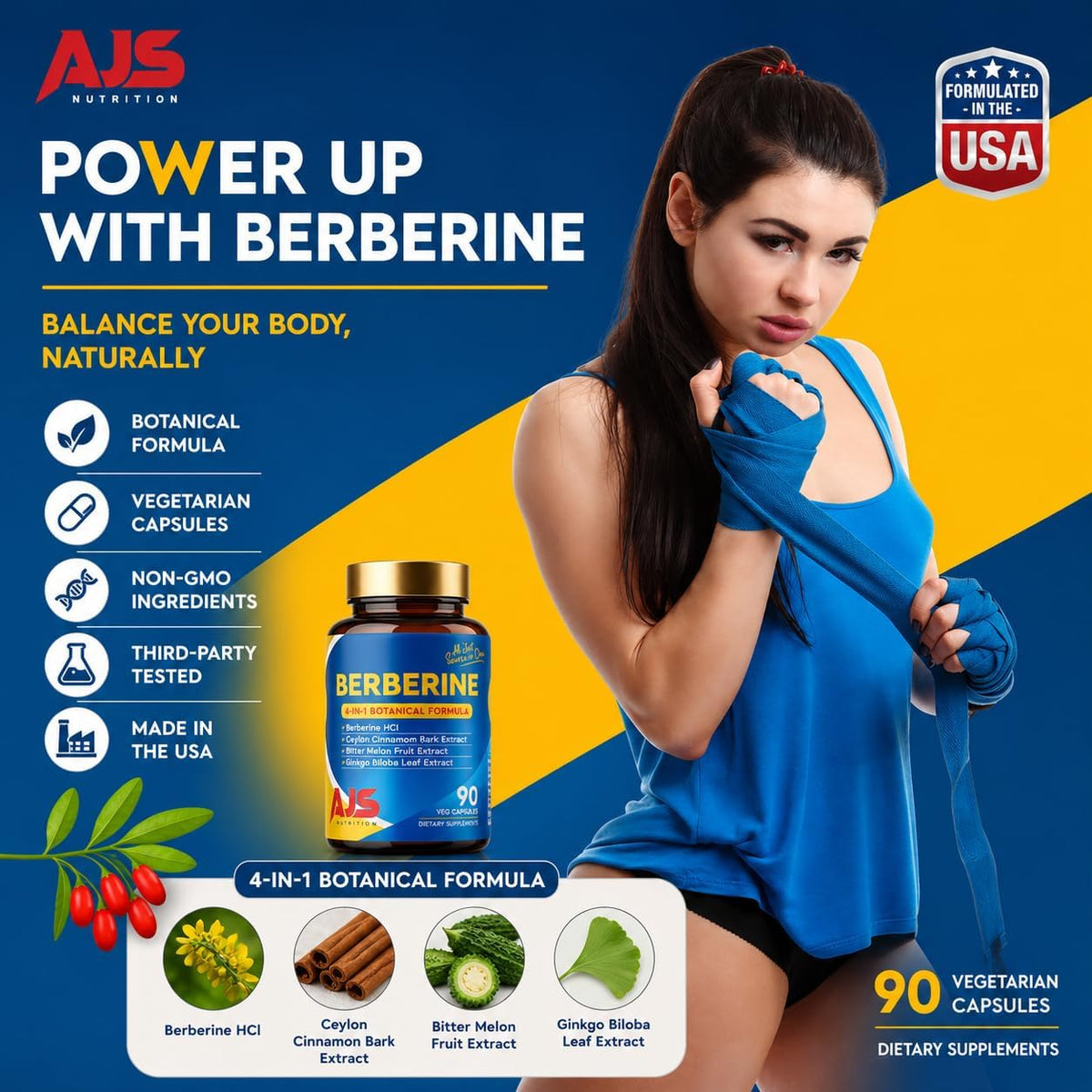 AJS Berberine HCl Supplement with Ceylon Cinnamon Bark, Bitter Melon Fruit