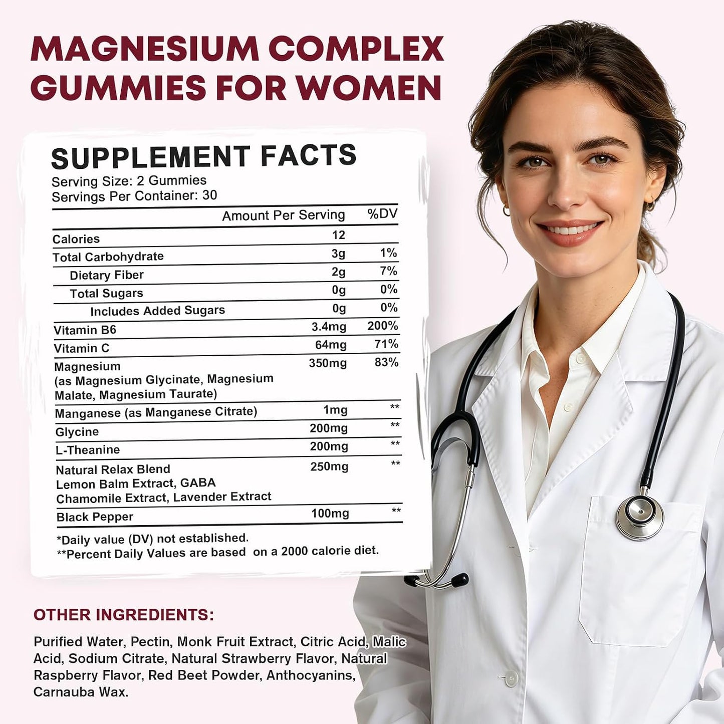 Magnesium Complex Gummies for Women, Triple Magnesium Complex with Glycinate, Malate, Taurate, Magnesium Complex 350 mg with L-theanine & Glycine for Relax, Sleep, Immune Support, Sugar Free, 60 Ct