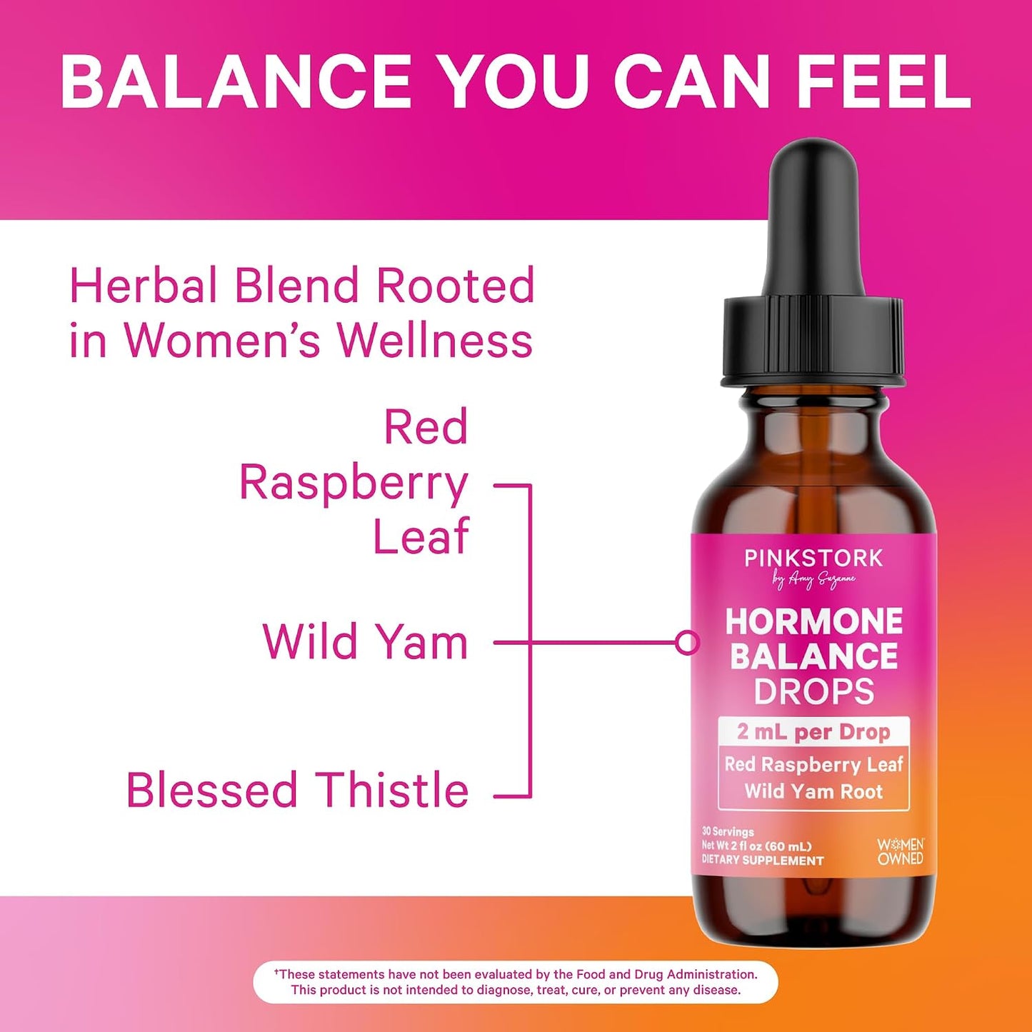 Pink Stork Hormone Balance Drops for Women - 2oz, 30 Servings | Supports Hormonal Health, PMS, Perimenopause & Mood, with Red Raspberry Leaf & Wild Yam - Liquid Supplement - Vegan