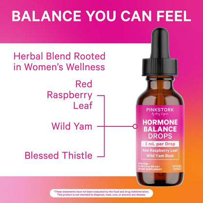 Pink Stork Hormone Balance Drops for Women - 2oz, 30 Servings | Supports Hormonal Health, PMS, Perimenopause & Mood, with Red Raspberry Leaf & Wild Yam - Liquid Supplement - Vegan