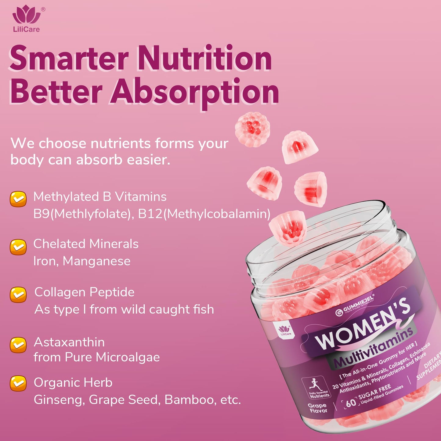 Womens Multivitamin Gummy, Methylated Multivitamin for Women, GLP-1 Friendly, Biotin, Iron, Collagen, Methylfolate, B Complex, Women's Complete Support, Hair Skin and Nails Vitamins, No Sugar, 60 Cts