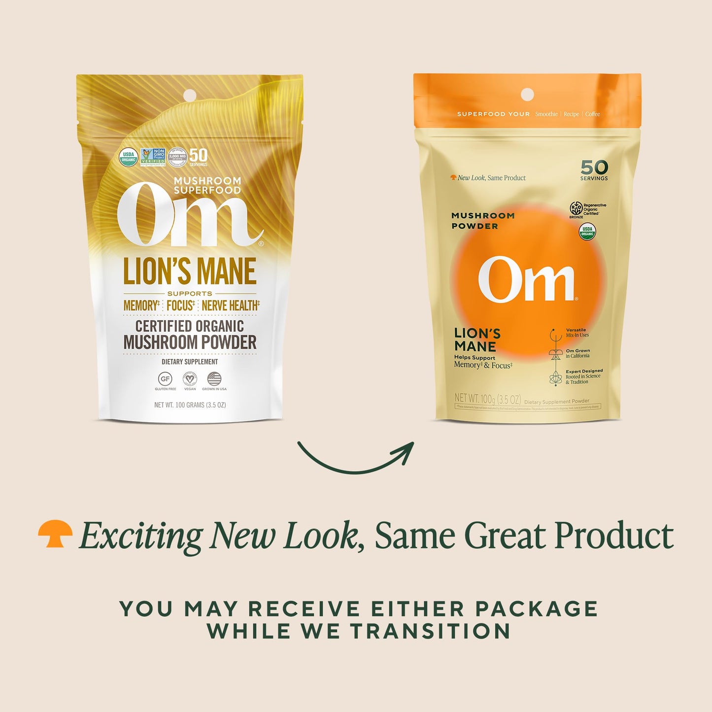 Om Lion’s Mane Mushroom Powder - Organic Mushroom Supplement and Nootropic - Support Memory, Focus and Nerve Health, 7.05 oz (100 Servings)