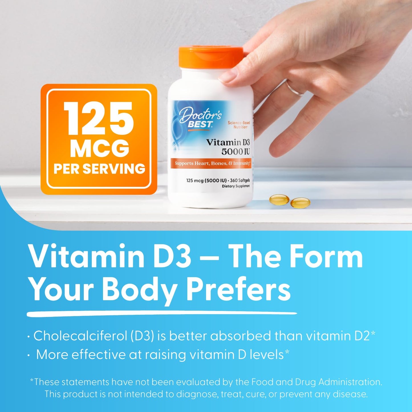 Doctor's Best Vitamin D3 5000 IU Softgels for Men & Women - Vitamin D Supplement for Immune System & Heart Health Support, 125 mcg per Serving, Vit D 3, Non GMO, Gluten Free, Soy Free - 360 Softgels