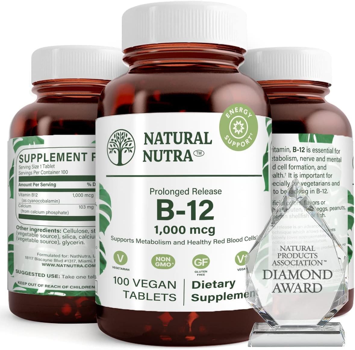 Natural Nutra Vitamin B12 1000 mcg, 100 Vegan Tablets | Promote Heart & Nerve Health, Cobalamin B12 Supplement, Help in Metabolism Health, Optimal Absorption, Gluten-Free,Sugar-Free