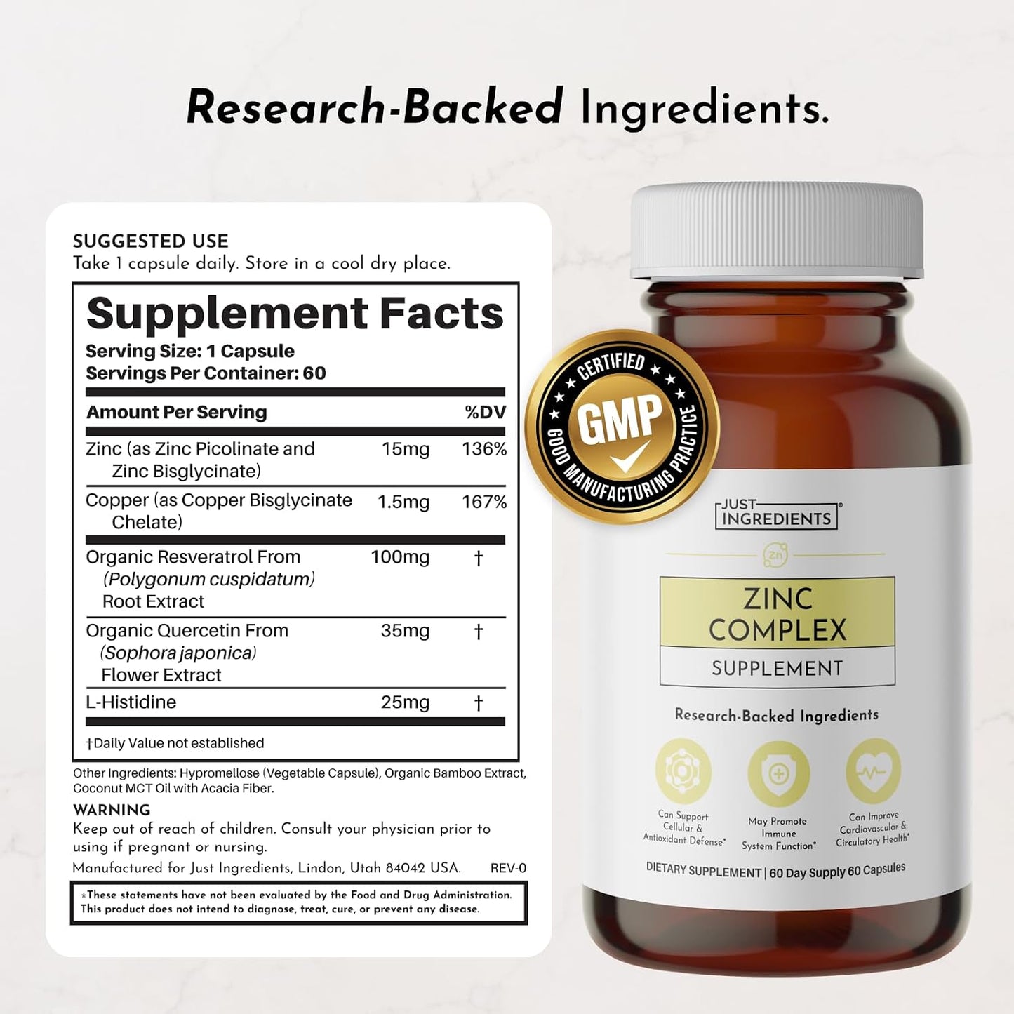Zinc Complex – Highly Absorbable Supplement with Picolinate & Bisglycinate, Plus Quercetin, Resveratrol, L-Histidine & Copper – Supports Immune Function, Skin, Energy & Cellular Health