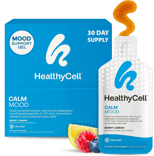 Healthycell Calm Mood Daily Liquid Supplement - Stress & Cortisol Support | 30 Gel Packs with Ashwagandha, L-Theanine, Magnesium, 5-HTP, GABA & Saffron - Calms Mood, Stress Relief & Cortisol Balance