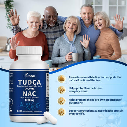 VivoNu TUDCA 675mg + NAC 375mg Supplement Complex Capsules, Powerful TUDCA Bile Salt + N Acetyl Cysteine, Antioxidant Supplements for Liver & Lung& Gallbladder Cleanse, Digestion - 180 Capsules