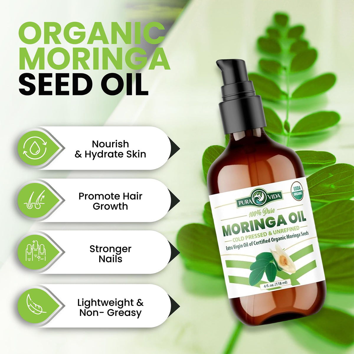 100% Pure Moringa Oil Organic for Face, Hair, Nails and Dry Skin - USDA Certified Single