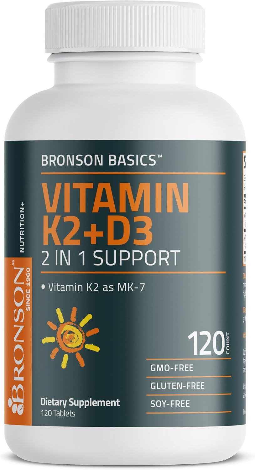 Bronson Vitamin K2 D3 (MK7) Supplement 2-in-1 D3 & K2 Complex, 120 Tablets | Bone, Immune & Heart Health Support, Gluten-Free, Soy-Free, Non-GMO, Vitamin D3 5000 IU (125 mcg) & 90 mcg K2 MK-7