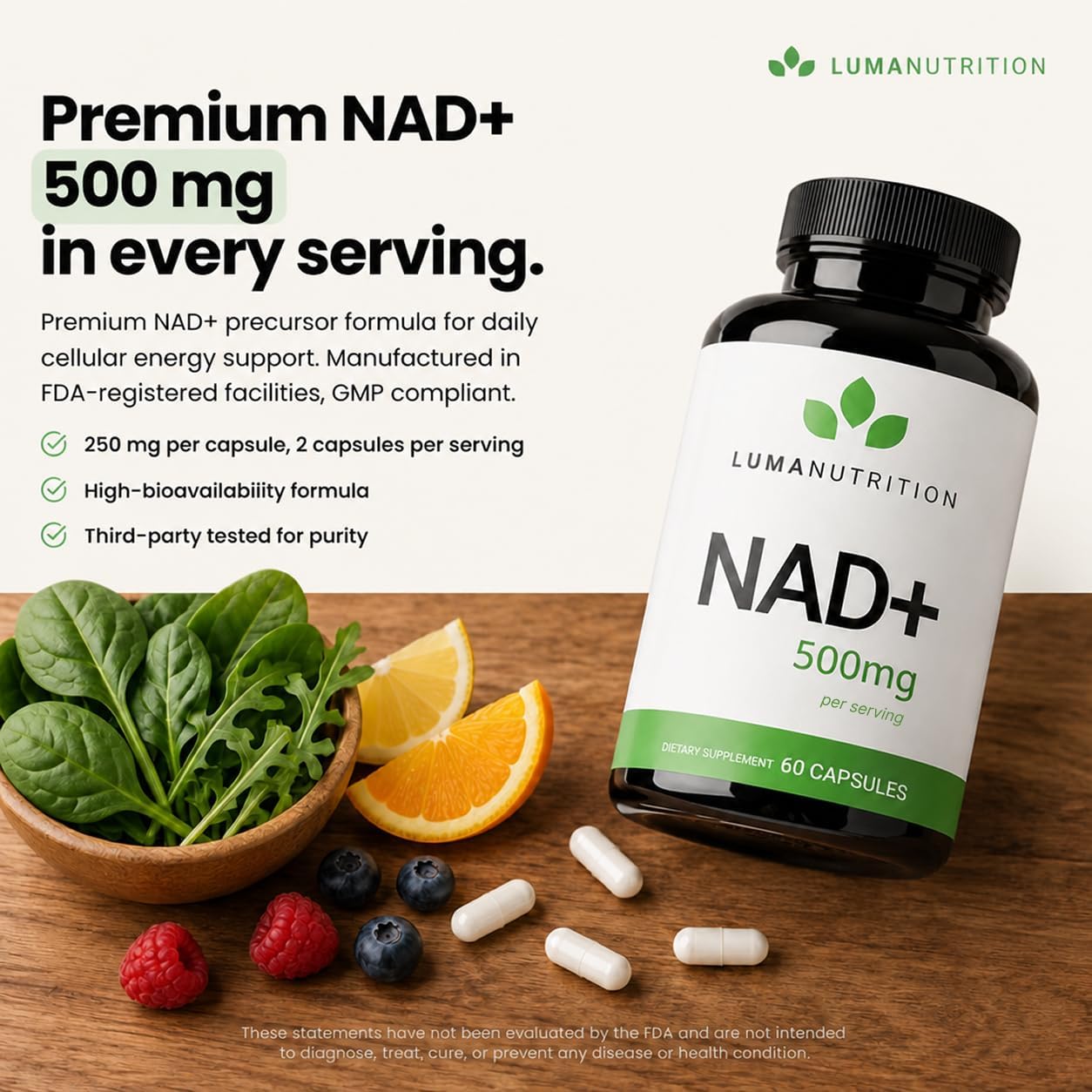 Luma Nutrition NAD+ Supplement 1000mg for Women & Men - 60 Capsules