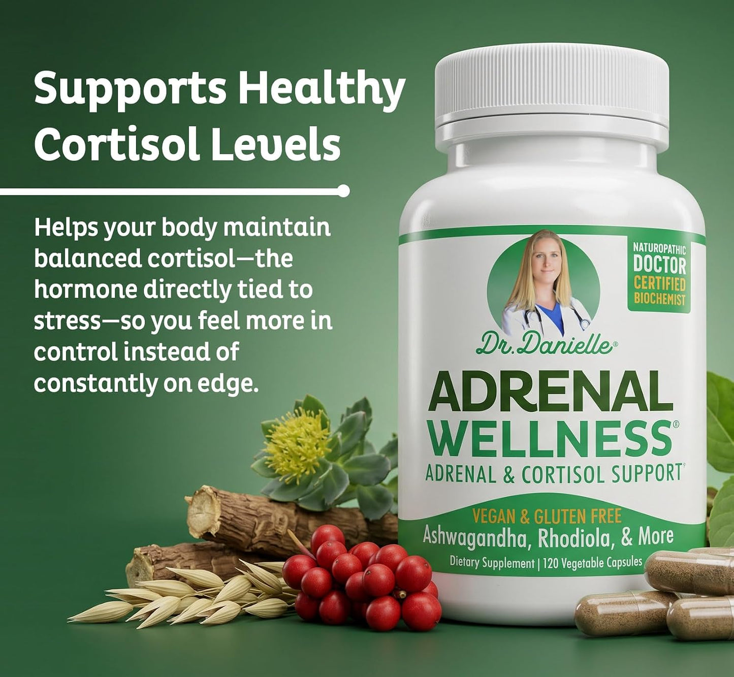 Adrenal Wellness Ashwagandha & More - Organic Mind, Body Support by Dr. Danielle, 120 Capsules