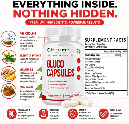 Hemavex Gluco Capsules, Hemavex Nutrition Gluco Capsules Pill (60 Capsules)
