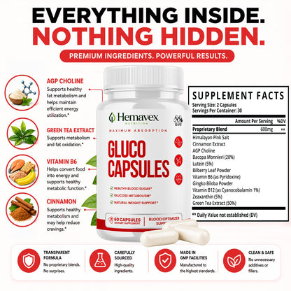 Hemavex Gluco Capsules, Hemavex Nutrition Gluco Capsules Pill (60 Capsules)