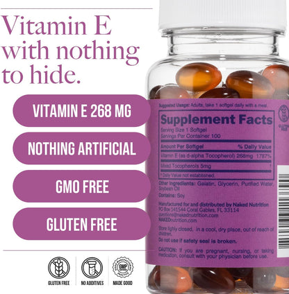 Naked Vitamin E 400 IU – Natural Vitamin E Supplement with Mixed Tocopherols for Antioxidant Support and Skin Health – 100 Softgels