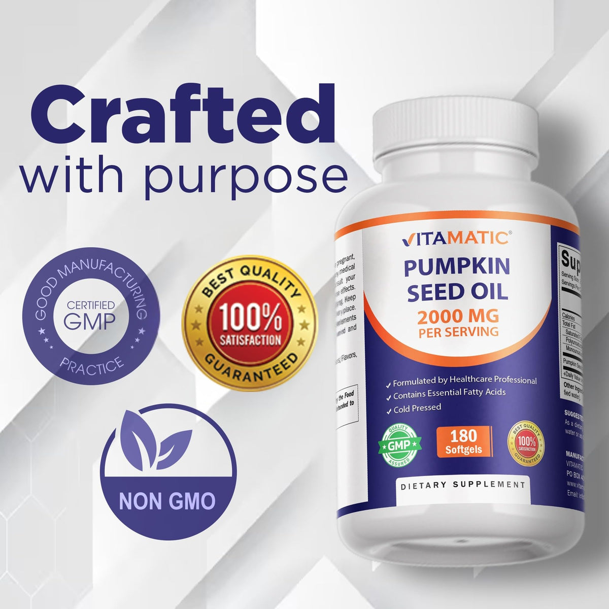 Vitamatic Pumpkin Seed Oil 2000mg Softgel Capsules, 180 Softgels | 1000mg per Softgel