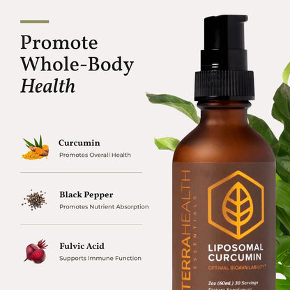 Terra Health Essentials Liposomal Curcumin Drops - Joint Support Supplement with Turmeric and Black Pepper - 5X Higher Absorption and Great Tasting - 30 Servings - Vegan and All Natural