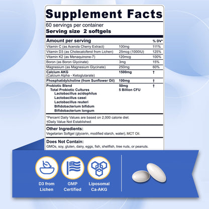 Liposomal Calcium AKG Supplement 1500mg with Vitamin D3 & K2 Softgels for Women & Men│ High Absorption│Calcium Supplements with Magnesium Glycinate, Boron, Probiotics & Vitamin C for Bone - 120 Pills
