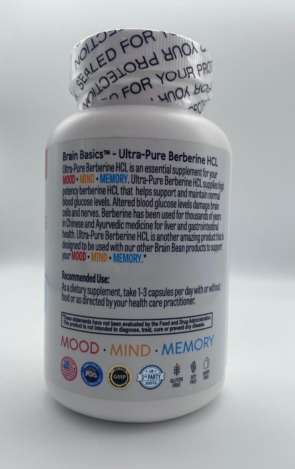 Brain Bean Ultra - Pure Berberine HCL Supplement 500mg for Brain Health - Non-GMO, Gluten-Free 120 Vegan Capsules of Berberine Supplement (Made in USA)
