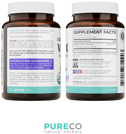 Organic Vitex Chasteberry Supplement for Women - High Strength Chaste Tree Berry Extract Supports Hormone Balance for Women from PMS to Menopause - Filler Free Vegan & Non-GMO (2 Month Supply)
