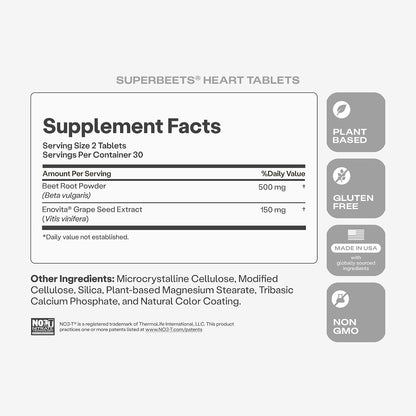 HumanN SuperBeets Heart Tablets Smooth Coat 500mg – Non-GMO Powder – Clinically Studied Antioxidants, 60 Count