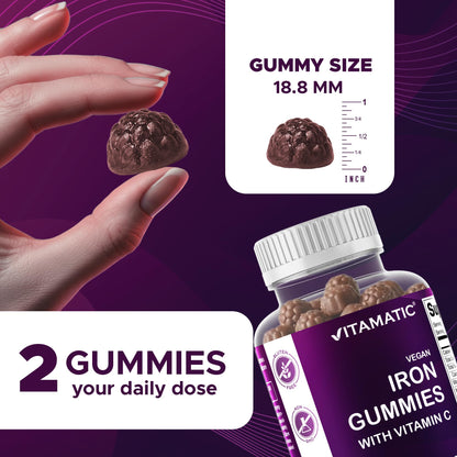 Vitamatic Iron 65 mg with Vitamin C - 60 Vegan Gummies, Made in USA | 65 mg Iron Per Serving, Natural Grape Flavor, Pectin Based, Gluten Free, Non-GMO