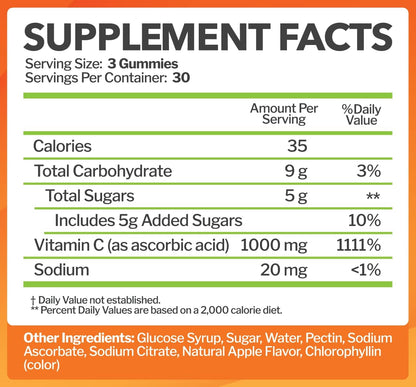 Vitamin C 1000mg Gummies for Adults & Kids, Maximum Strength (90 Count) | Chewable Immune & Collagen Support - Natural Green Apple Flavor - Gluten Free, Vegetarian, Non-GMO