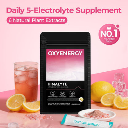 OxyEnergy Electrolytes Packets Powder, Daily Hydration Packets, Sugar Free | Instantly Hydrating & Party Recovery | Plant Based | Keto Friendly | Vegan, Lemon Drink Mix (30 Servings)