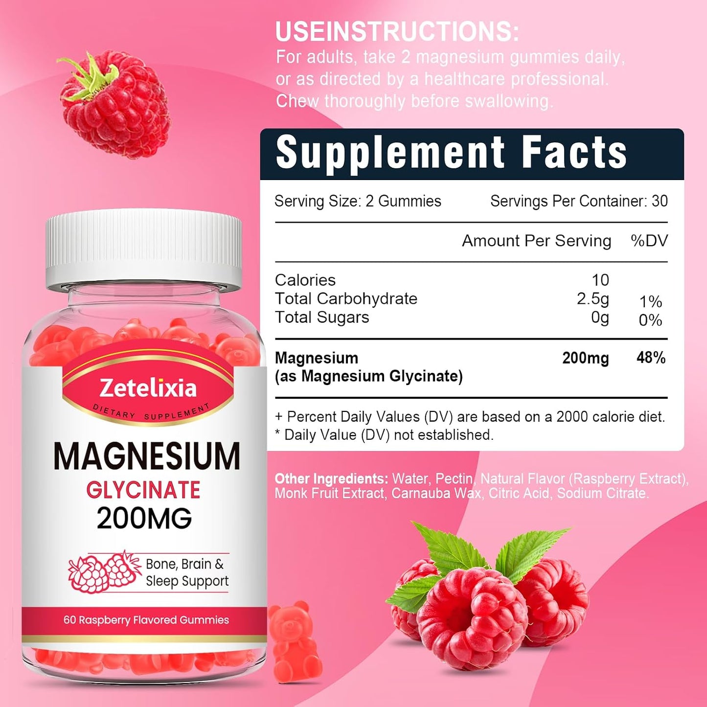 200MG Magnesium Glycinate Gummies, High Absorption Magnesium Glycinate Supplements for Relaxation, Raspberry Flavor 60 Count