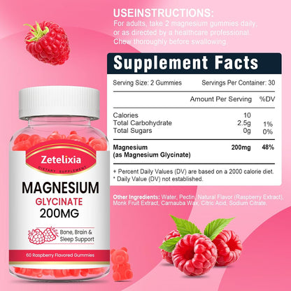 200MG Magnesium Glycinate Gummies, High Absorption Magnesium Glycinate Supplements for Relaxation, Raspberry Flavor 60 Count