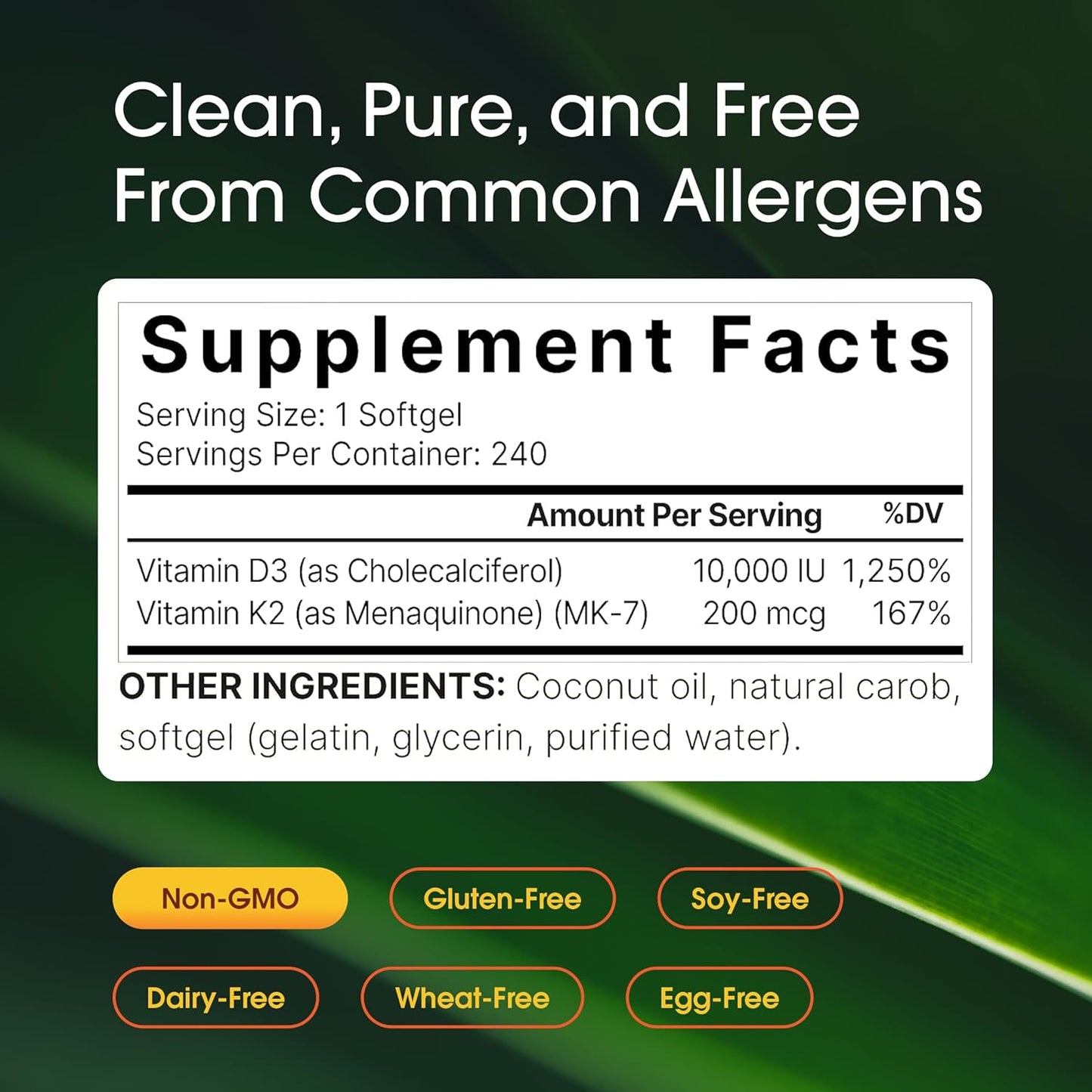 NatureBell Vitamin Double Strength D3 + K2-240 Softgels - 10,000 IU Vitamin D & 200mcg K2 - Bone Strength, Immune Function & Calcium Absorption Support* - Coconut Oil Infused